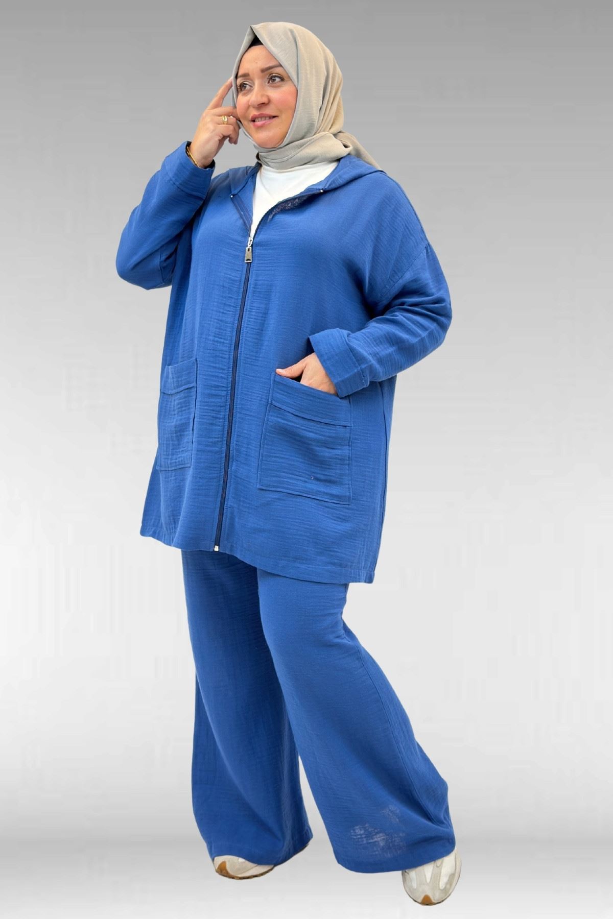 67035 Büyük Beden Kapşonlu Fermuarlı Müslin Pantolonlu Takım - İndigo