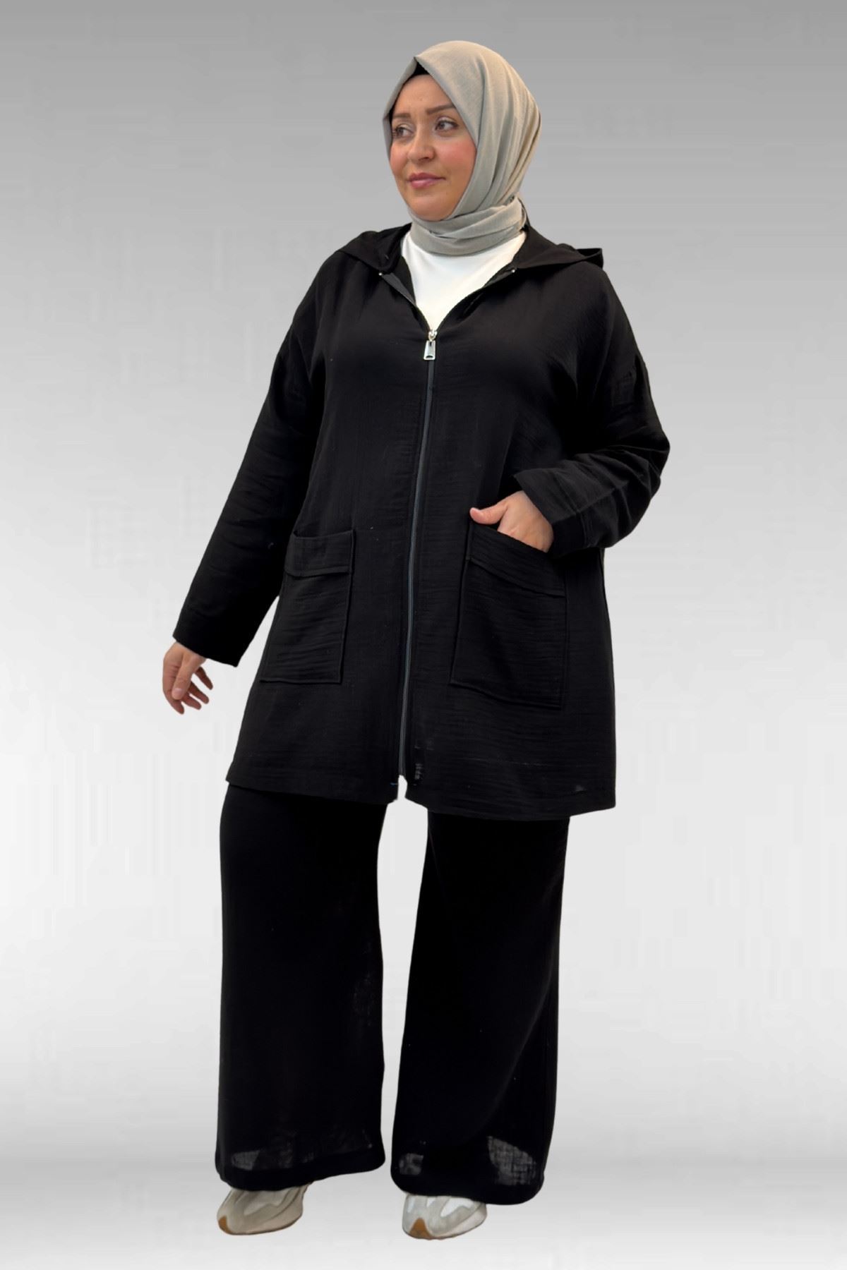 67035 Büyük Beden Kapşonlu Fermuarlı Müslin Pantolonlu Takım - Siyah