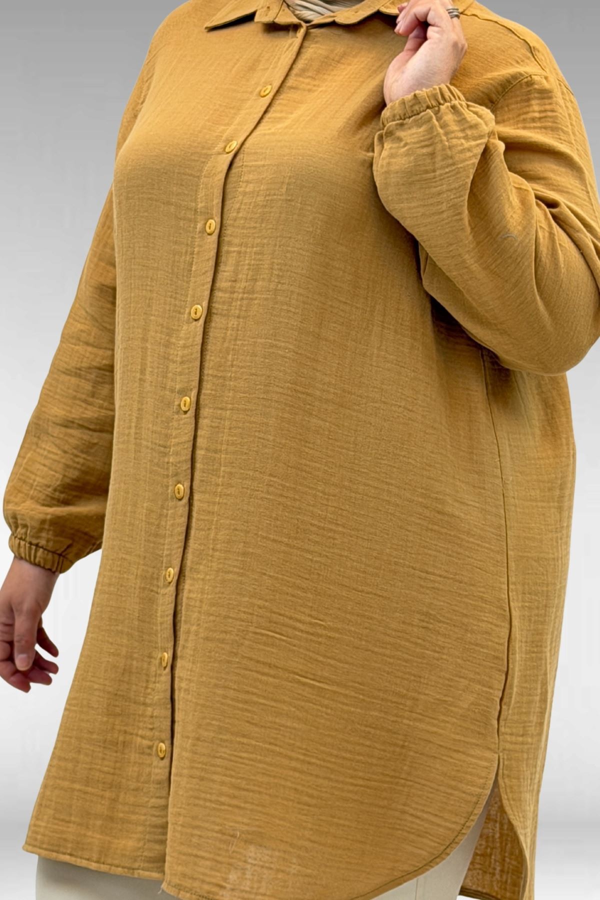 58091 Büyük Beden Kolları Lastikli Müslin Gömlek - Bisküvi