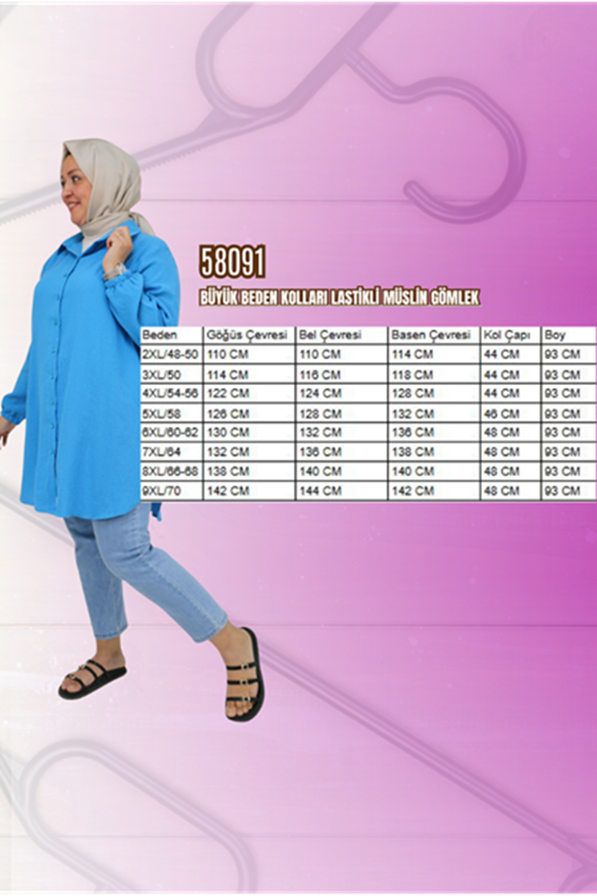 58091 Büyük Beden Kolları Lastikli Müslin Gömlek - Soğuk Mavi