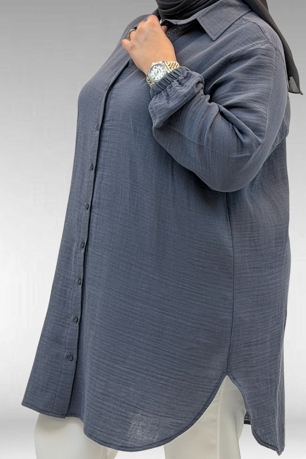 58091 Büyük Beden Kolları Lastikli Müslin Gömlek - Antrasit