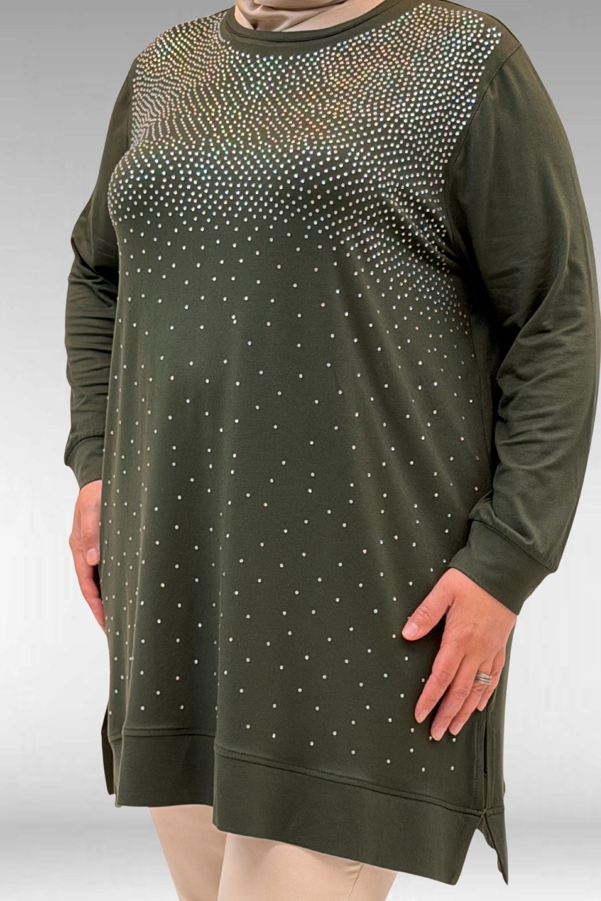 68011 Büyük Beden Önü Taş Detaylı Penye Tunik - Haki