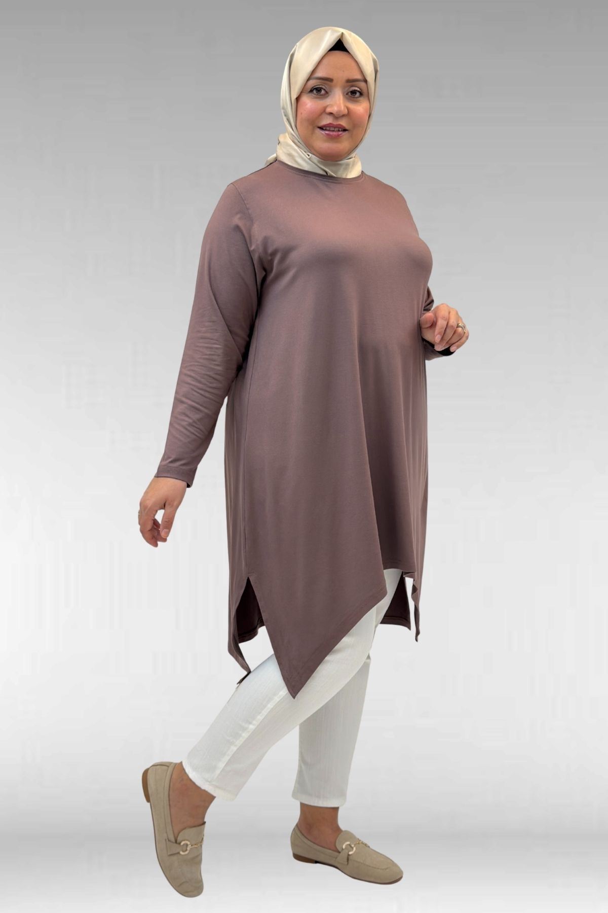 58070 Büyük Beden Asimetrik Kesim Penye Tunik - Vizon