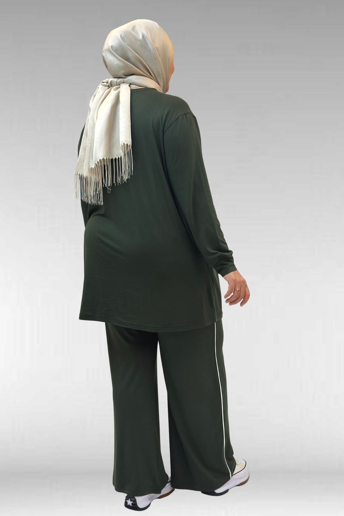 67012 Büyük Beden Biye Detaylı Penye Pantolonlu Takım - Haki