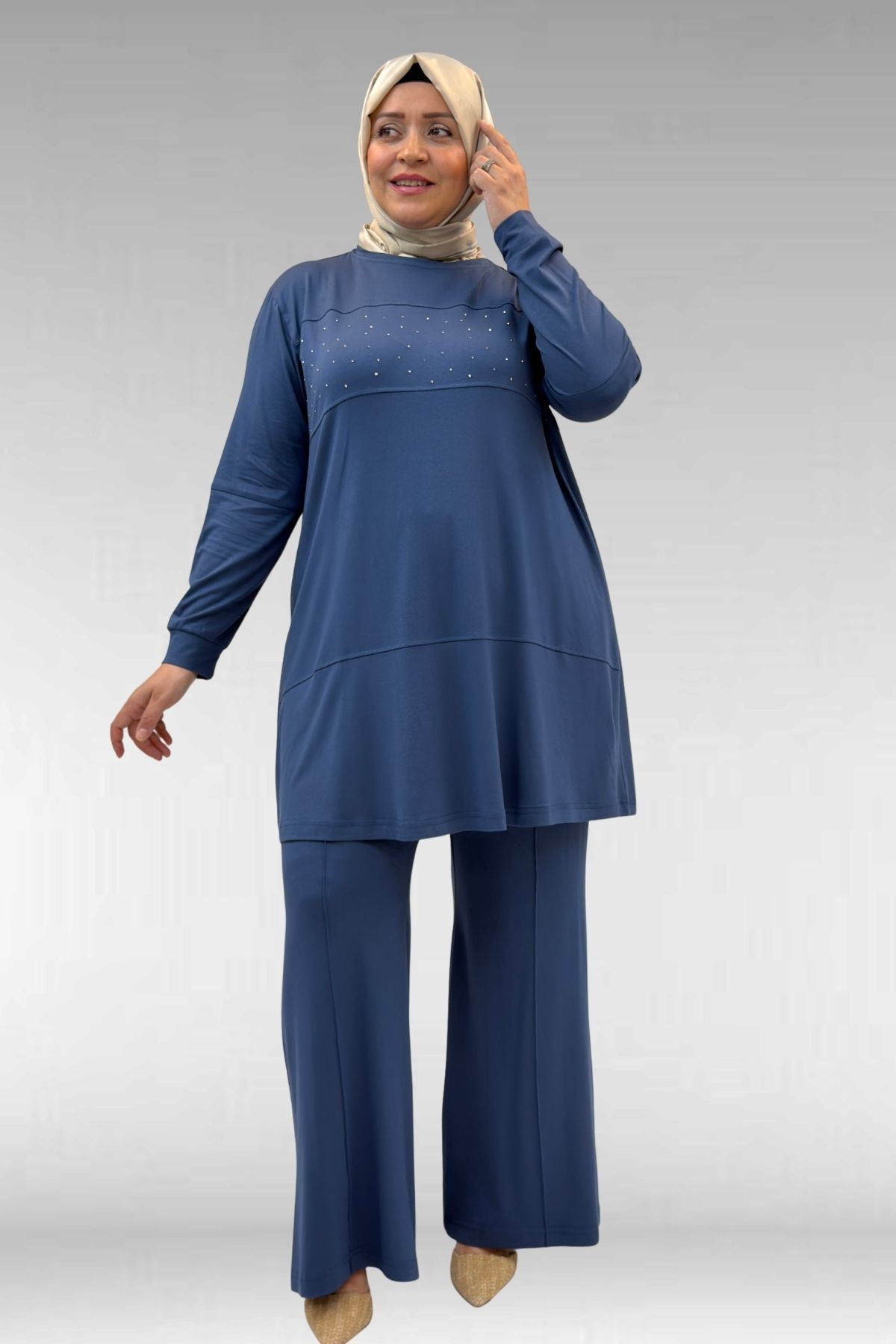 67021 Büyük Beden Taş Baskı Detaylı Parçalı Pantolonlu Takım - Petrol