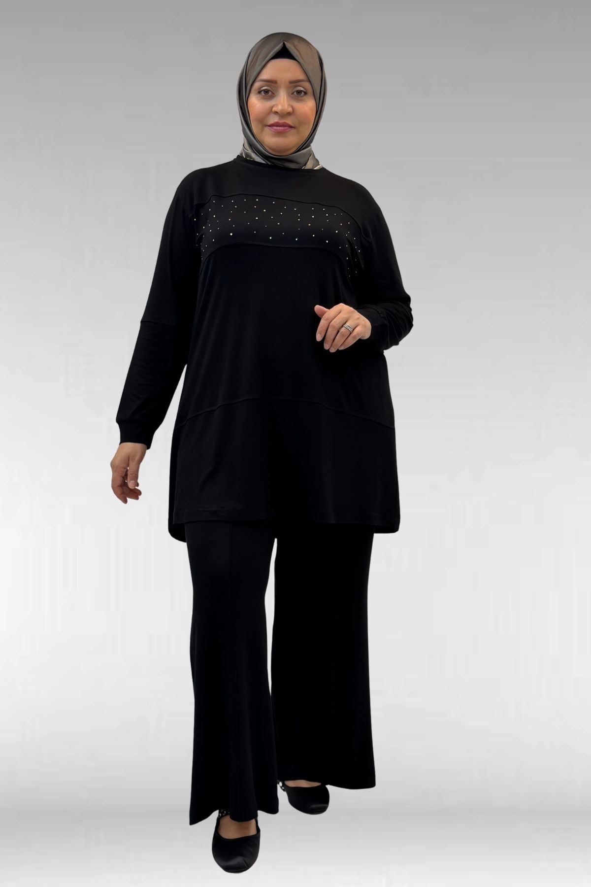 67021 Büyük Beden Taş Baskı Detaylı Parçalı Pantolonlu Takım - Siyah