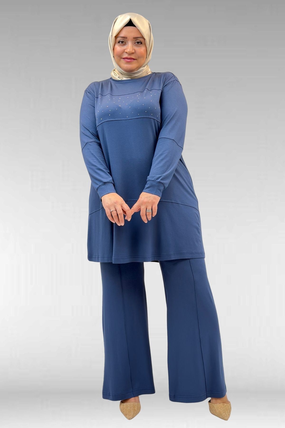 67021 Büyük Beden Taş Baskı Detaylı Parçalı Pantolonlu Takım - Petrol