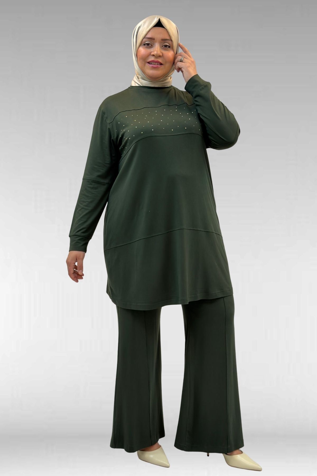 67021 Büyük Beden Taş Baskı Detaylı Parçalı Pantolonlu Takım - Haki