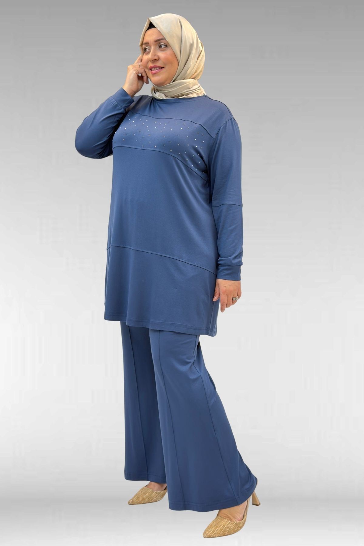 67021 Büyük Beden Taş Baskı Detaylı Parçalı Pantolonlu Takım - Petrol