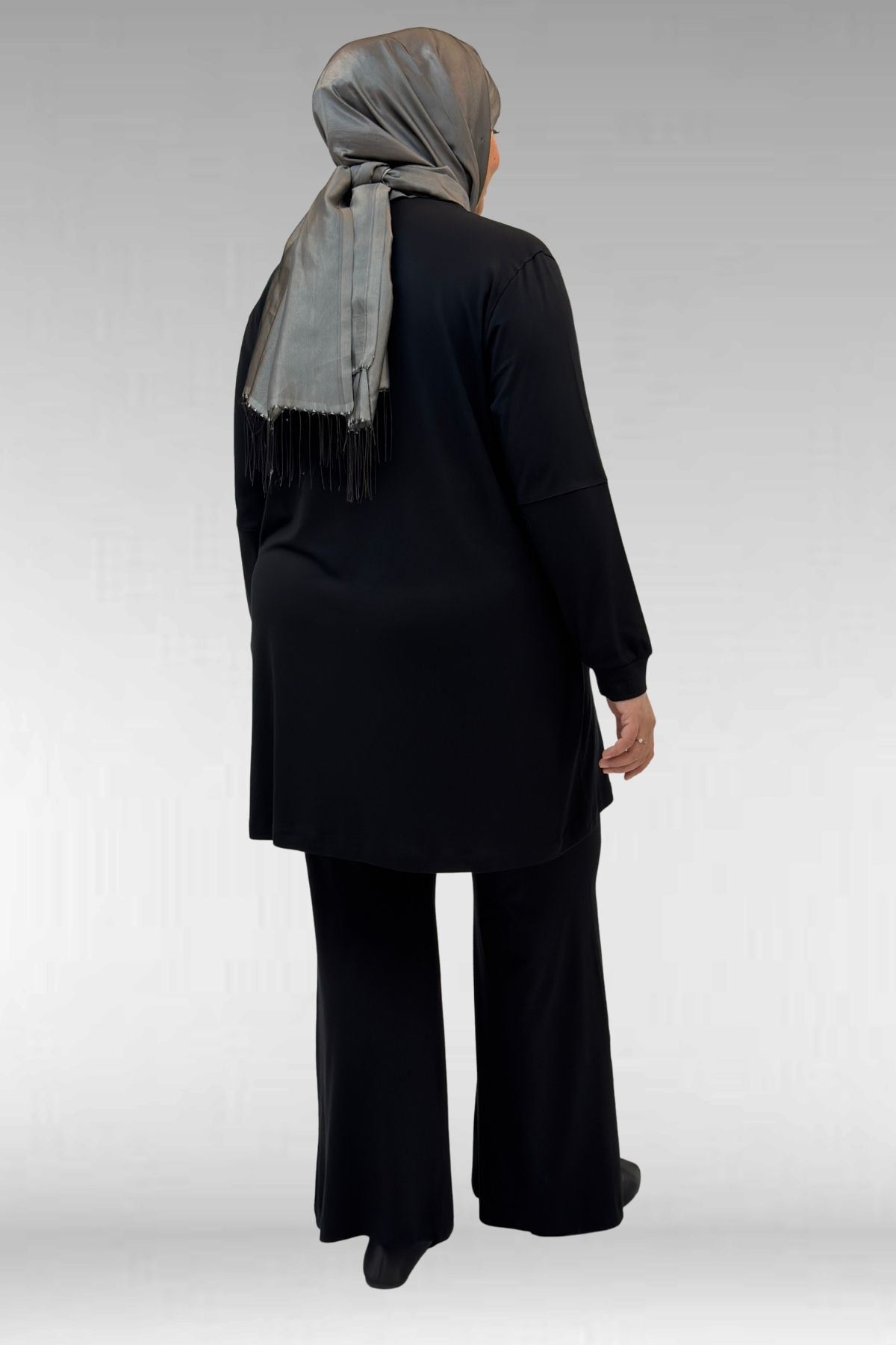 67021 Büyük Beden Taş Baskı Detaylı Parçalı Pantolonlu Takım - Siyah