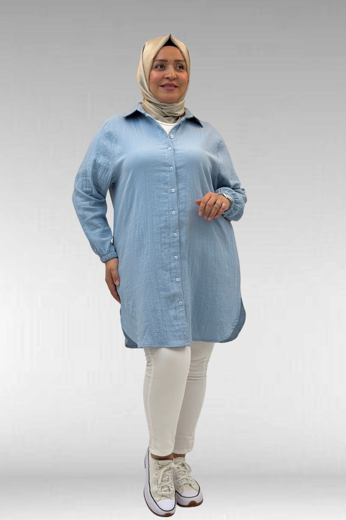 58091 Büyük Beden Kolları Lastikli Müslin Gömlek - Bebe Mavi