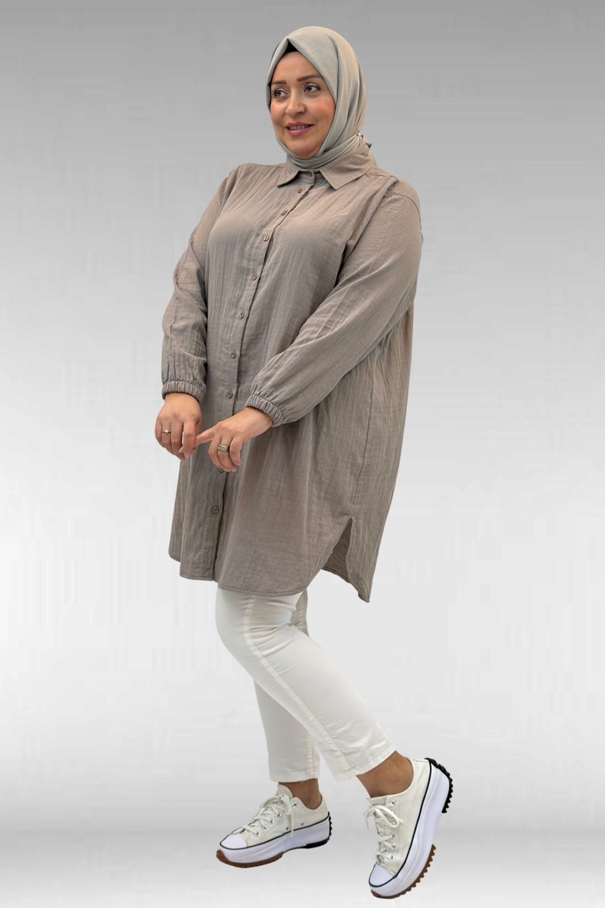 58091 Büyük Beden Kolları Lastikli Müslin Gömlek - Vizon