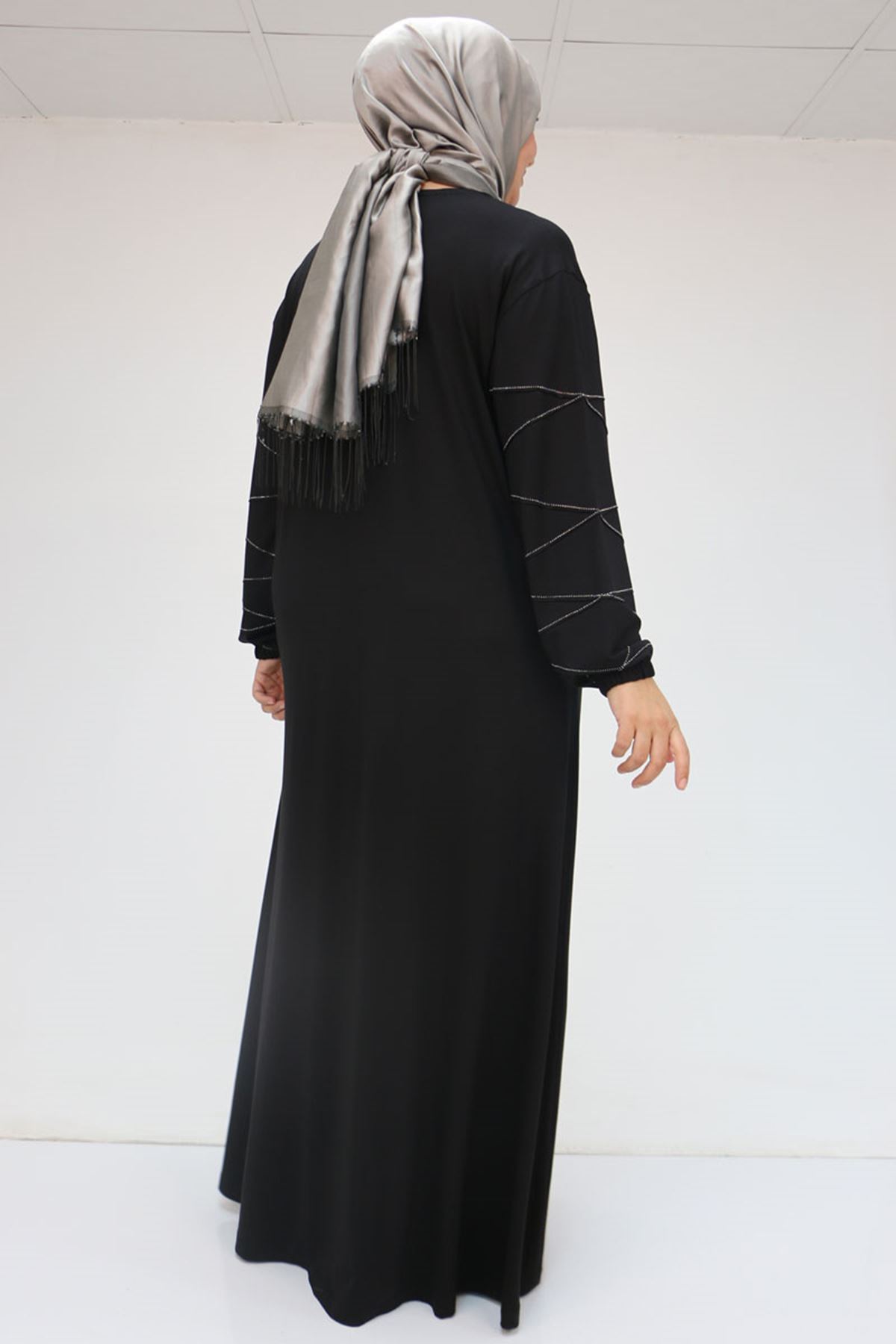 52021-E Büyük Beden Çimalı Taş Detaylı Penye Elbise - Siyah