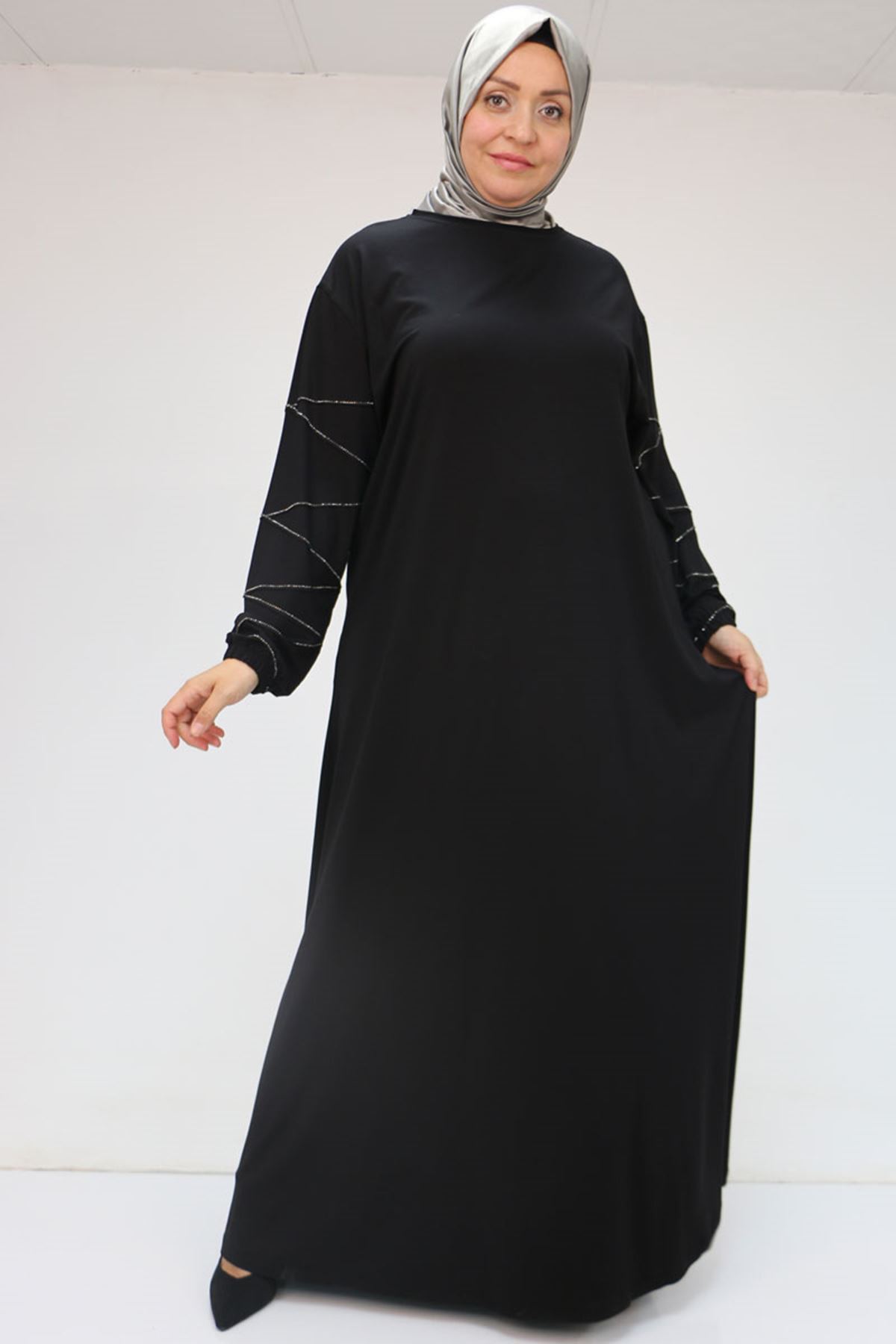 52021-E Büyük Beden Çimalı Taş Detaylı Penye Elbise - Siyah