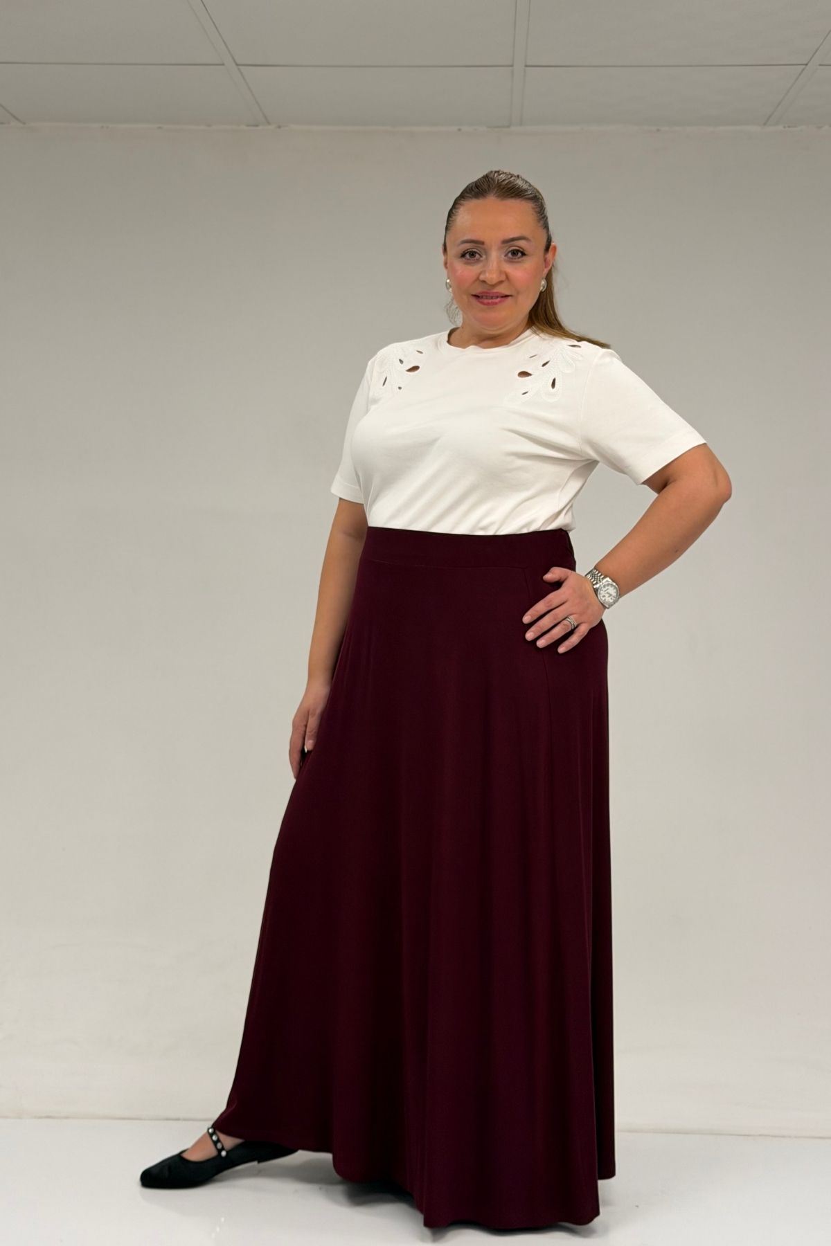 65001-E Büyük Beden Basic Penye Etek - Bordo 