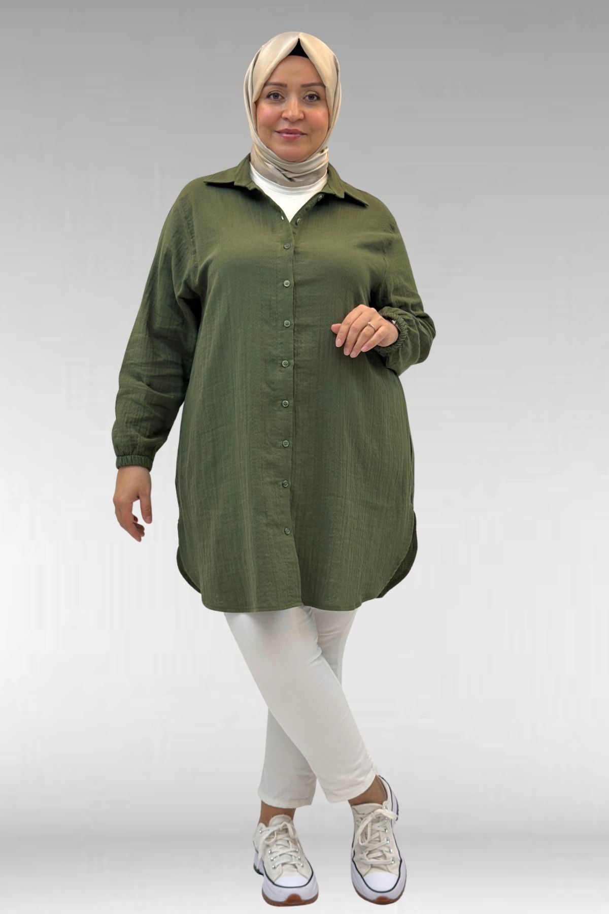 58091 Büyük Beden Kolları Lastikli Müslin Gömlek - Haki