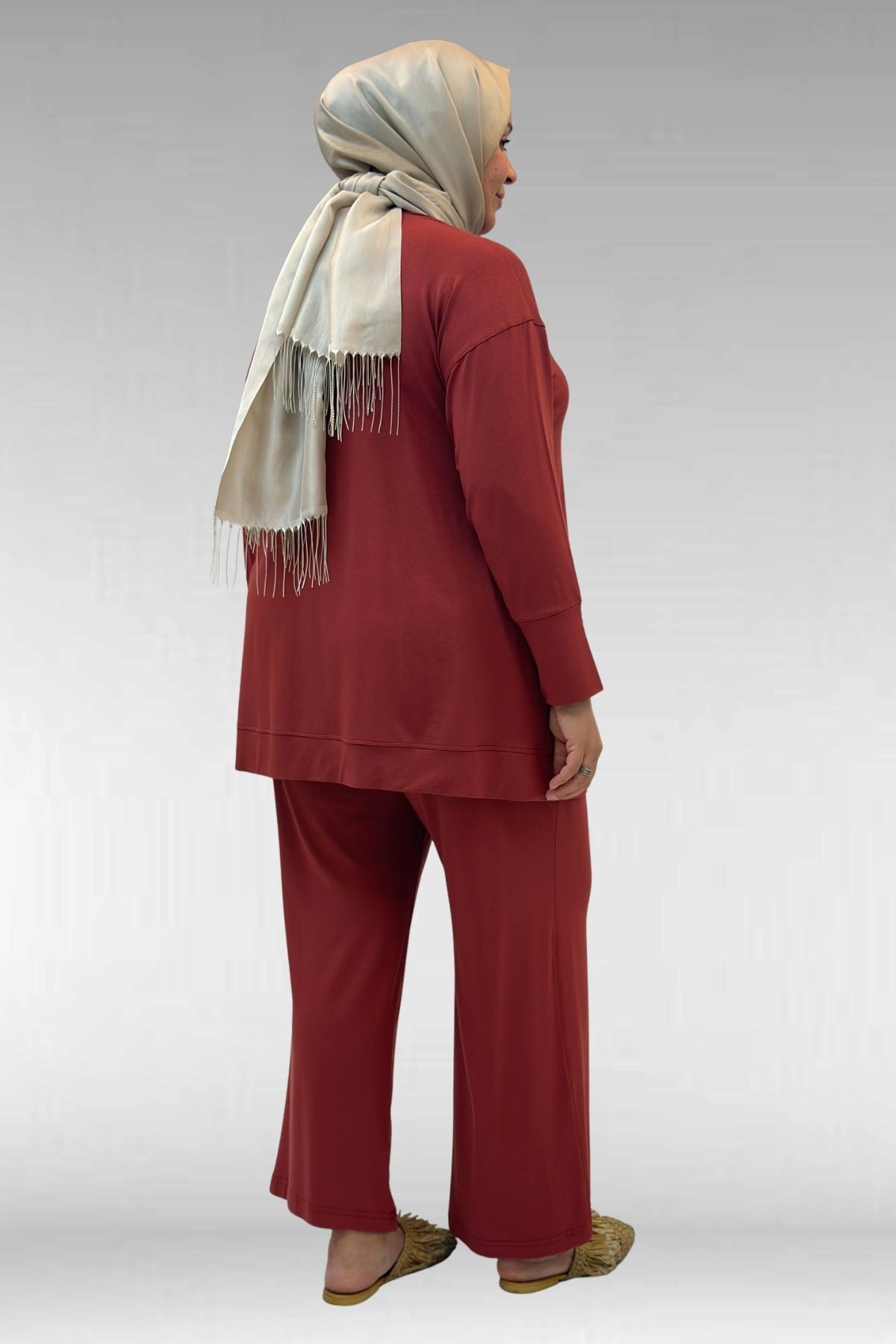 67007 Büyük Beden Kol Ve Etek Ucu Kendinden Ribanalı Pantolonlu Takım - Kiremit