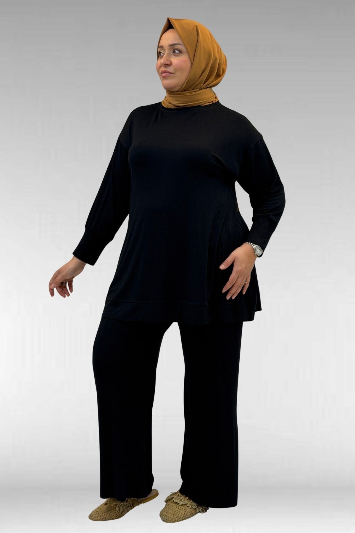 67007 Büyük Beden Kol Ve Etek Ucu Kendinden Ribanalı Pantolonlu Takım - Siyah