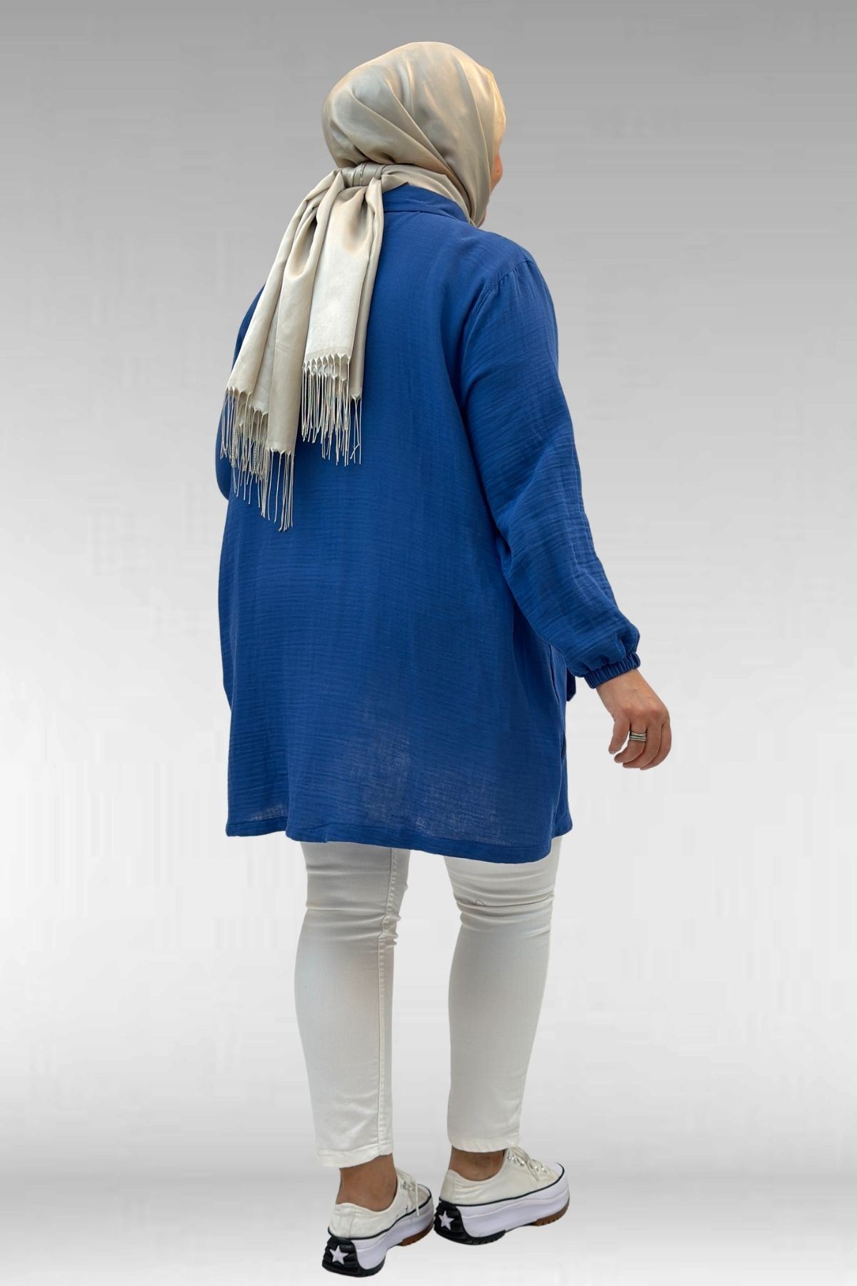 63001 Büyük Beden Cep Ve Patı Çıtçıt Detaylı Müslin Ceket - İndigo