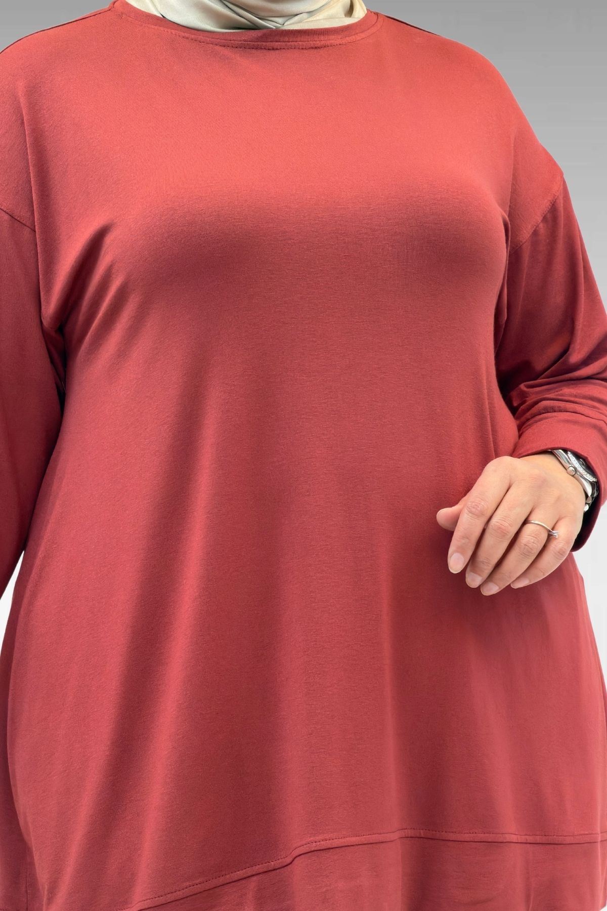 67007 Büyük Beden Kol Ve Etek Ucu Kendinden Ribanalı Pantolonlu Takım - Kiremit