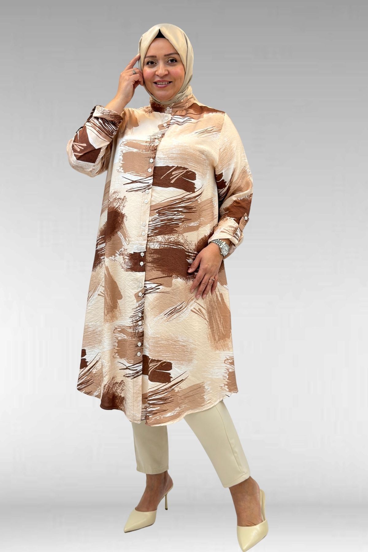 68014 Büyük Beden Hakimyaka Çift Düğmeli Mango Tunik - Desenli Çikolata Kahve