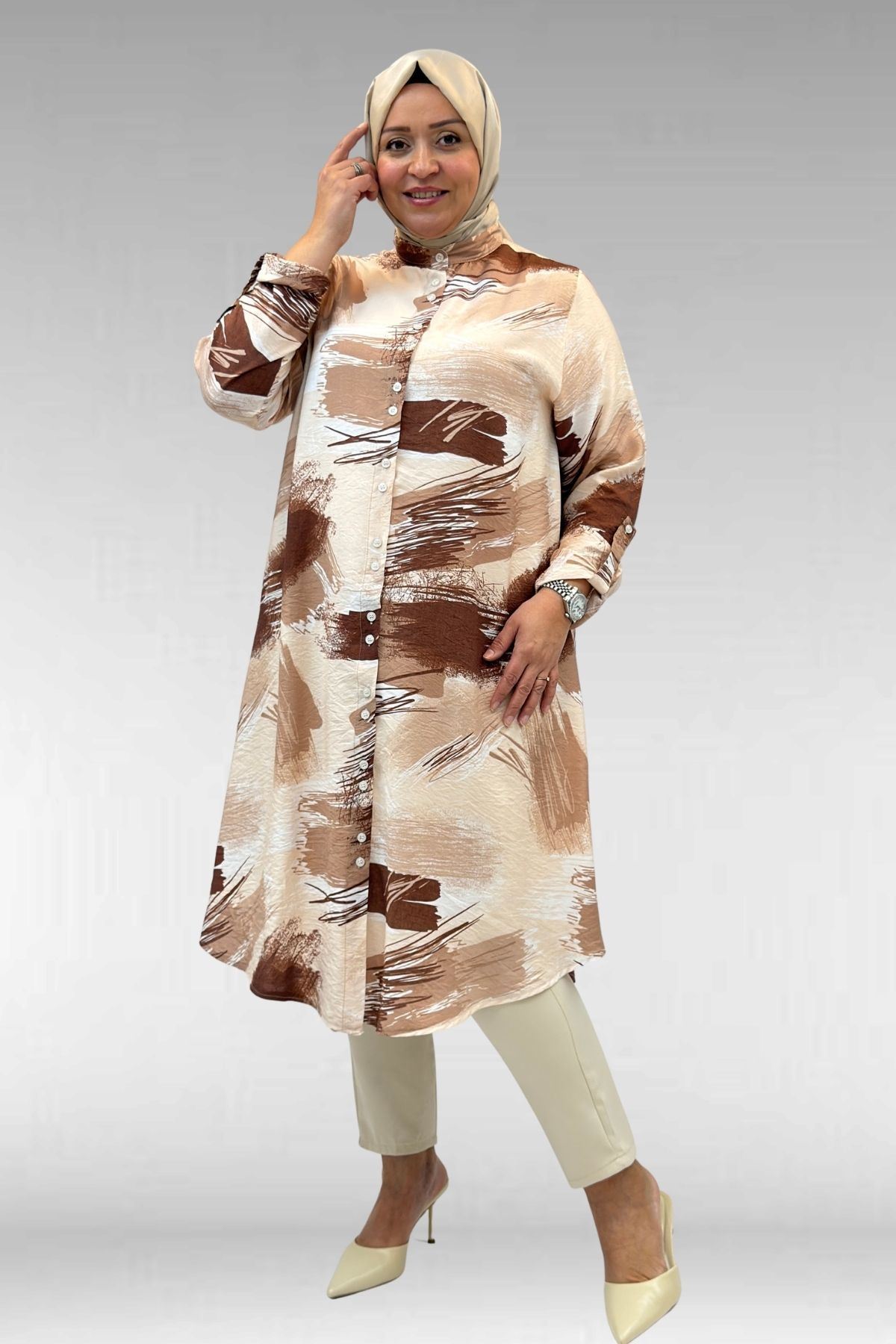 68014 Büyük Beden Hakimyaka Çift Düğmeli Mango Tunik - Desenli Çikolata Kahve