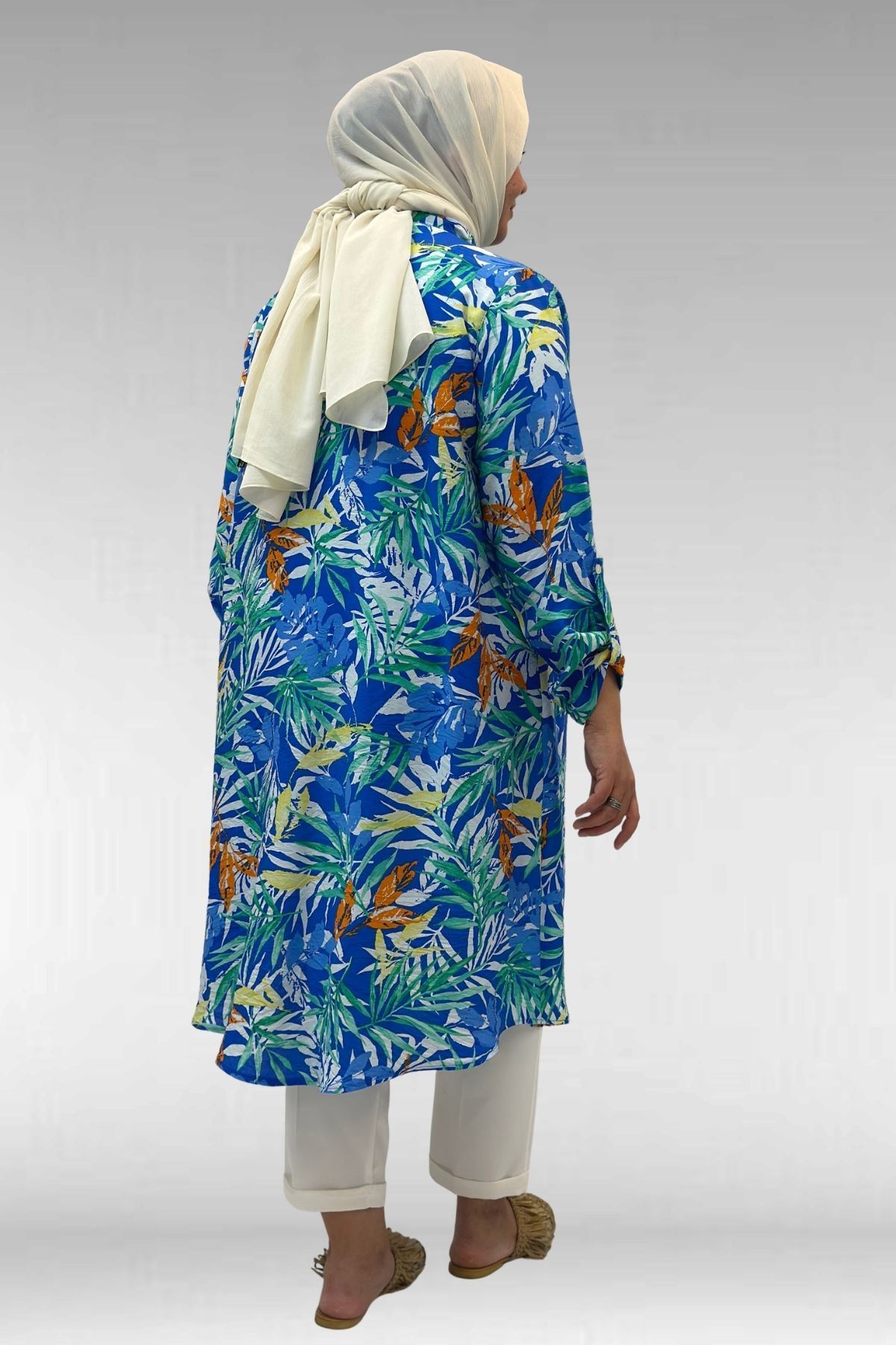 68014 Büyük Beden Hakimyaka Çift Düğmeli Mango Tunik - Desenli Saks