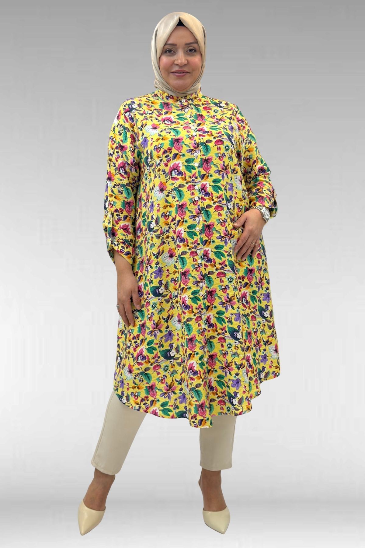 68014 Büyük Beden Hakimyaka Çift Düğmeli Mango Tunik - Desenli Sarı