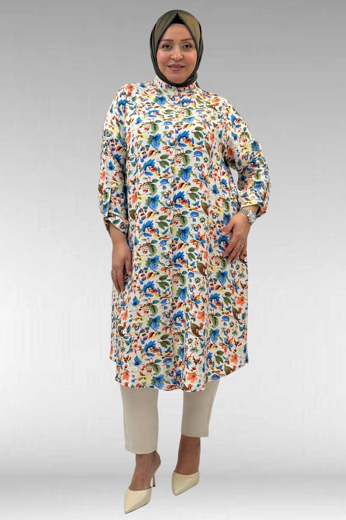 68014 Büyük Beden Hakimyaka Çift Düğmeli Mango Tunik - Desenli Taş