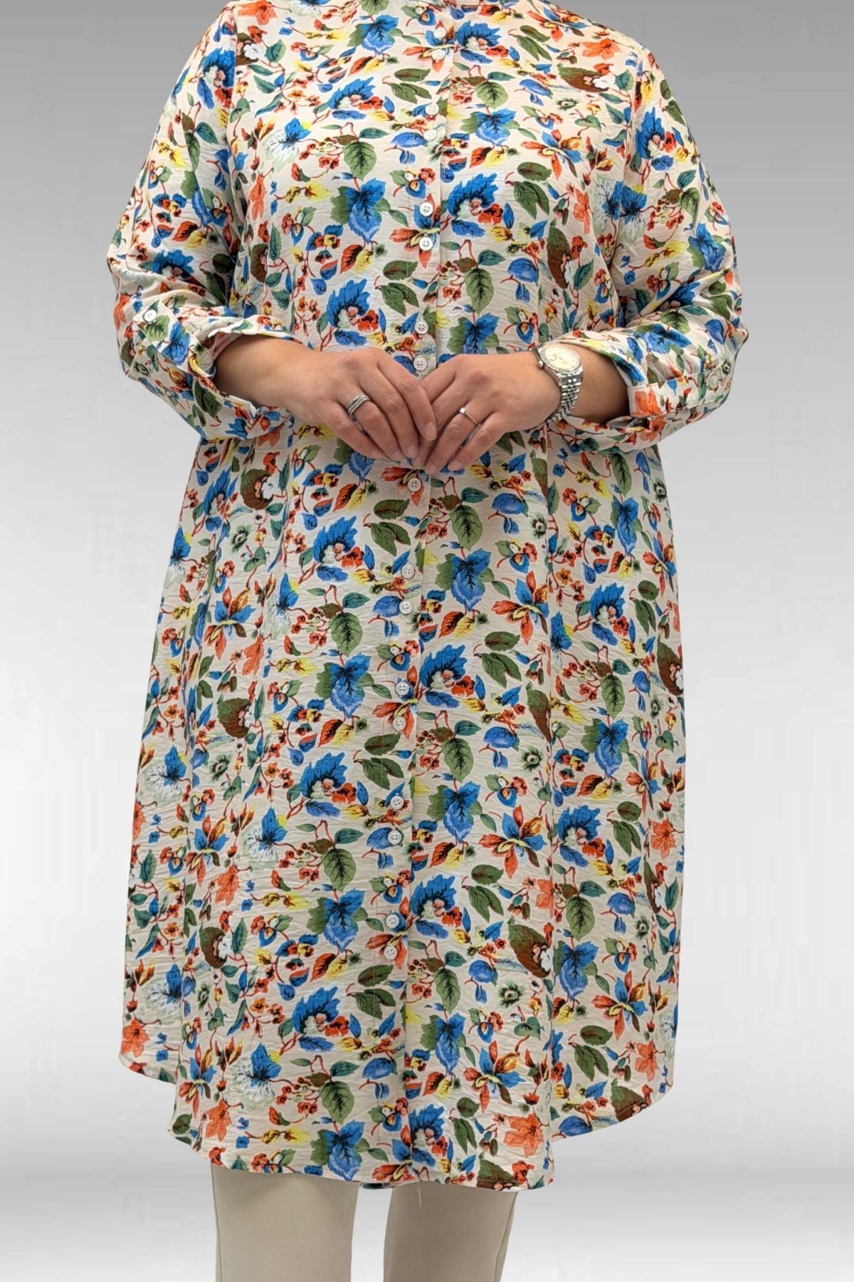 68014 Büyük Beden Hakimyaka Çift Düğmeli Mango Tunik - Desenli Taş