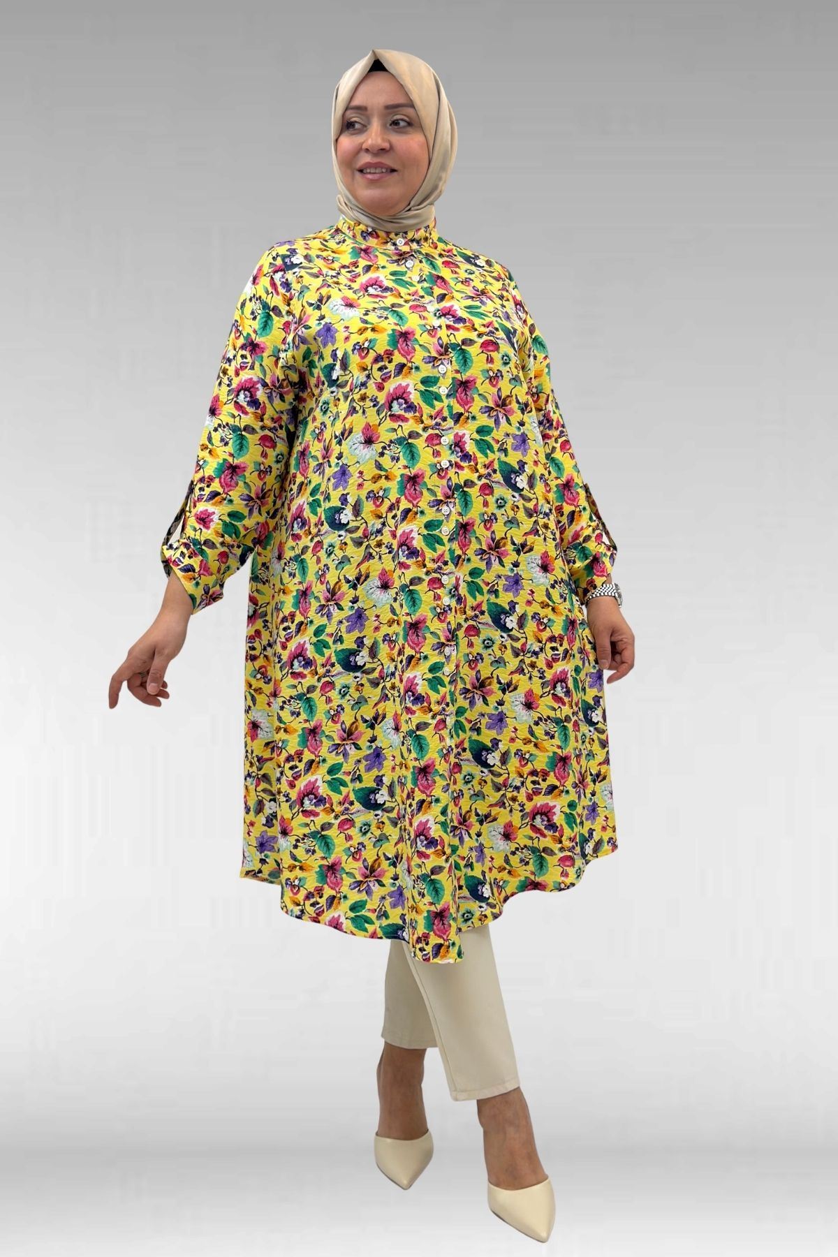 68014 Büyük Beden Hakimyaka Çift Düğmeli Mango Tunik - Desenli Sarı