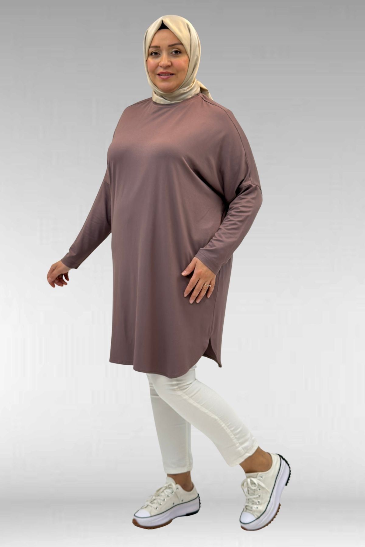 38111 Büyük Beden Basic Penye Tunik - Vizon