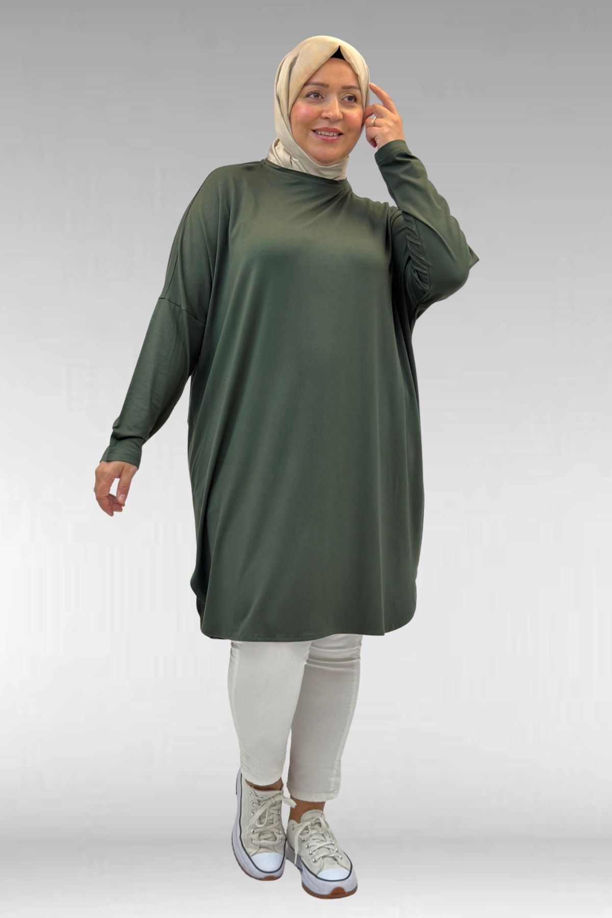 38111 Büyük Beden Basic Penye Tunik - Haki