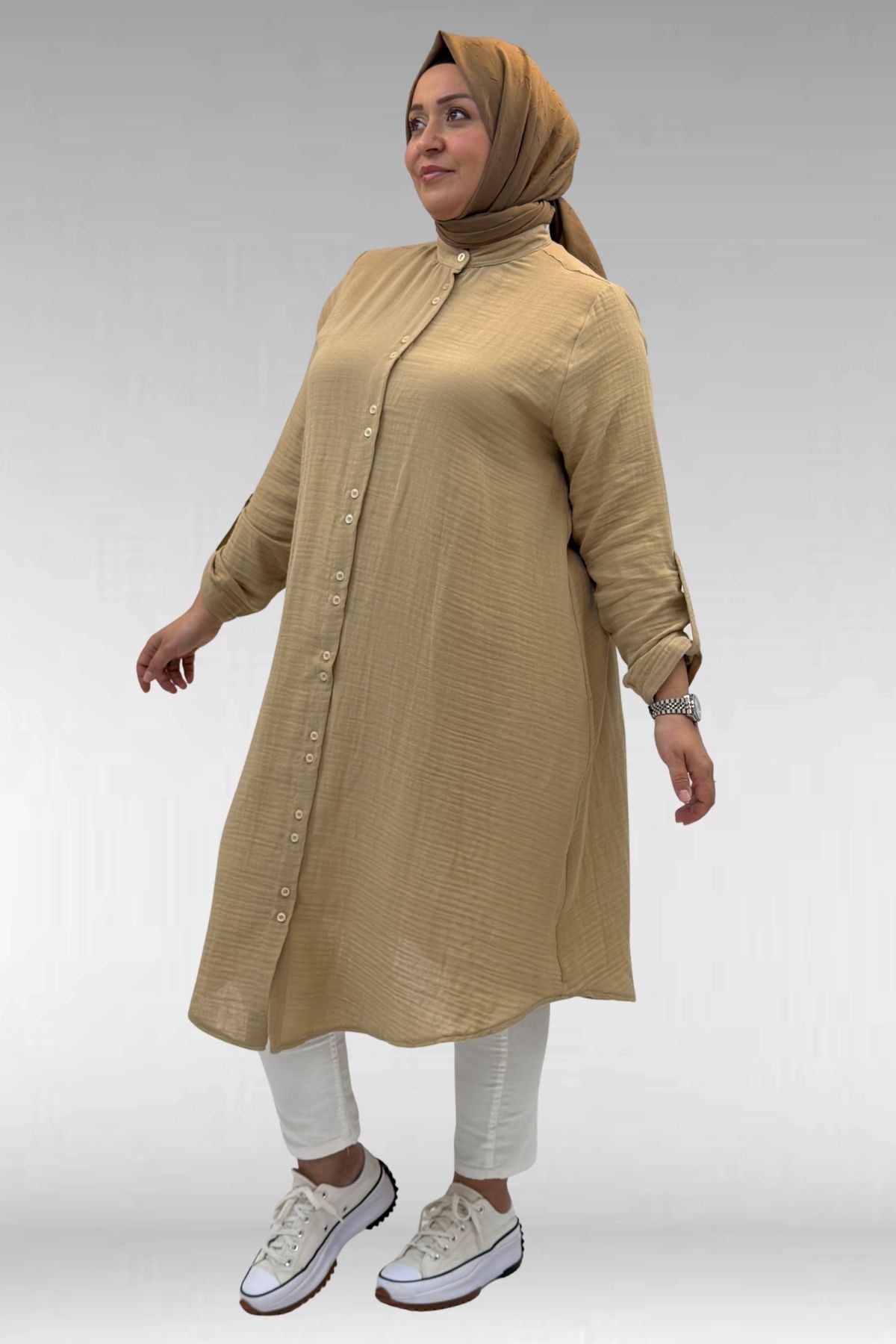 58092 Büyük Beden  Çift Düğme Detaylı Müslin Gömlek - Bej