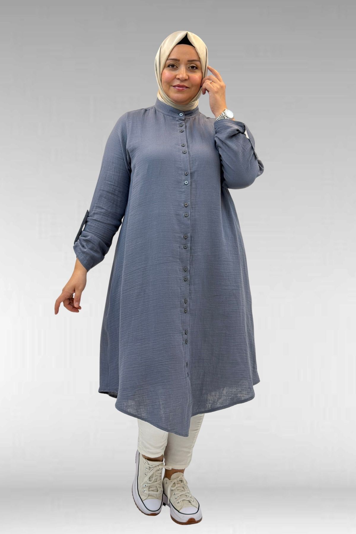 58092 Büyük Beden Çift Düğme Detaylı Müslin Gömlek - Antrasit