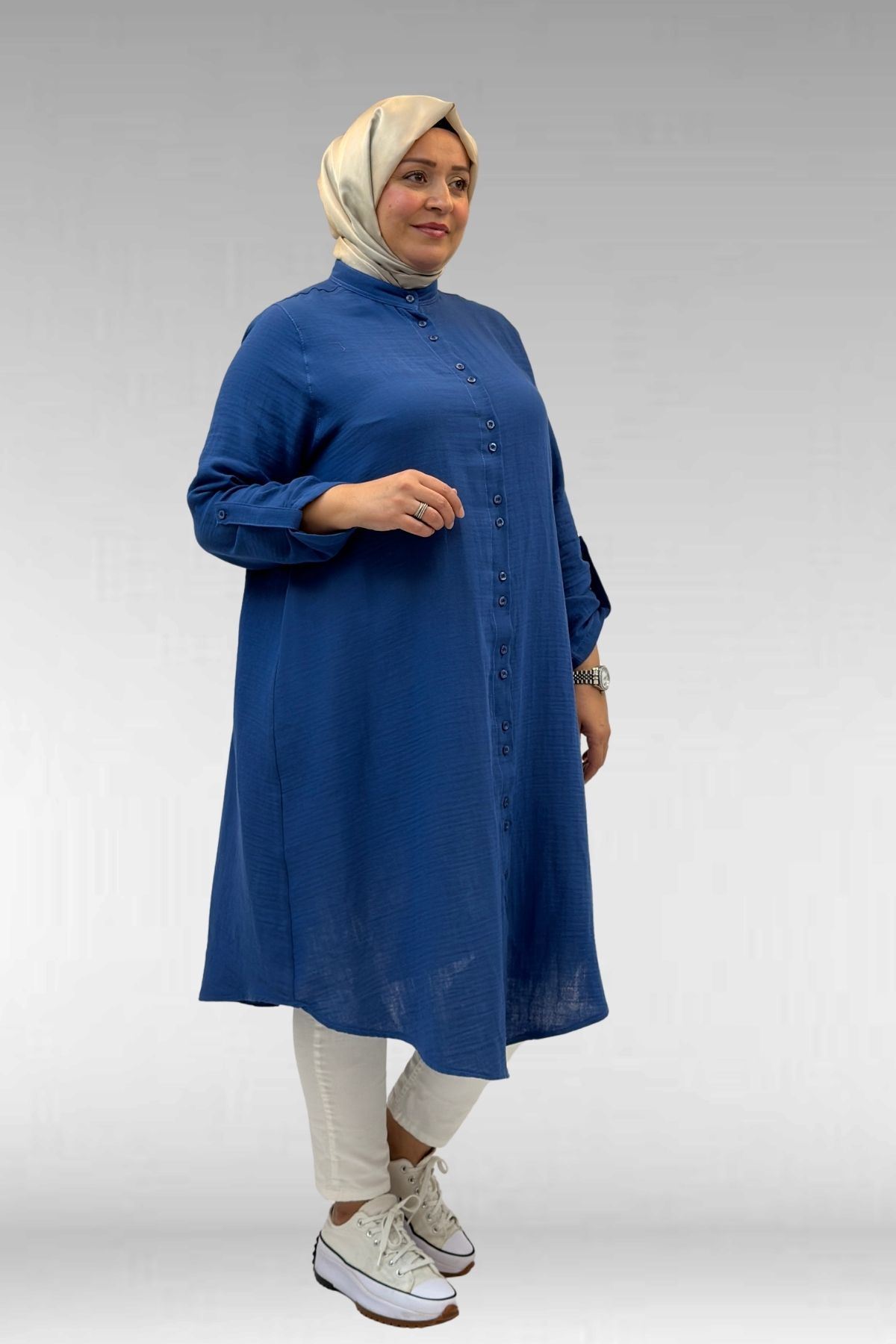 58092 Büyük Beden Çift Düğme Detaylı Müslin Gömlek - İndigo