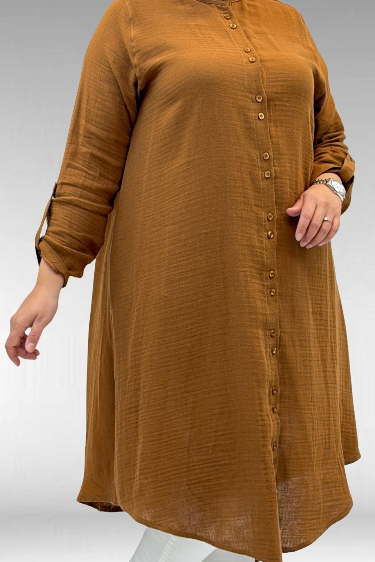 58092 Büyük Beden Çift Düğme Detaylı Müslin Gömlek - Kahve