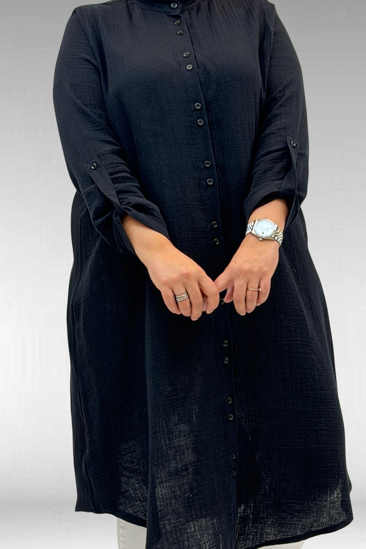 58092 Büyük Beden  Çift Düğme Detaylı Müslin Gömlek - Siyah