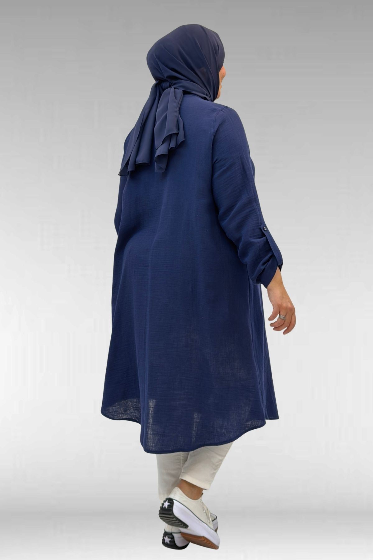 58092 Büyük Beden Çift Düğme Detaylı Müslin Gömlek - Lacivert