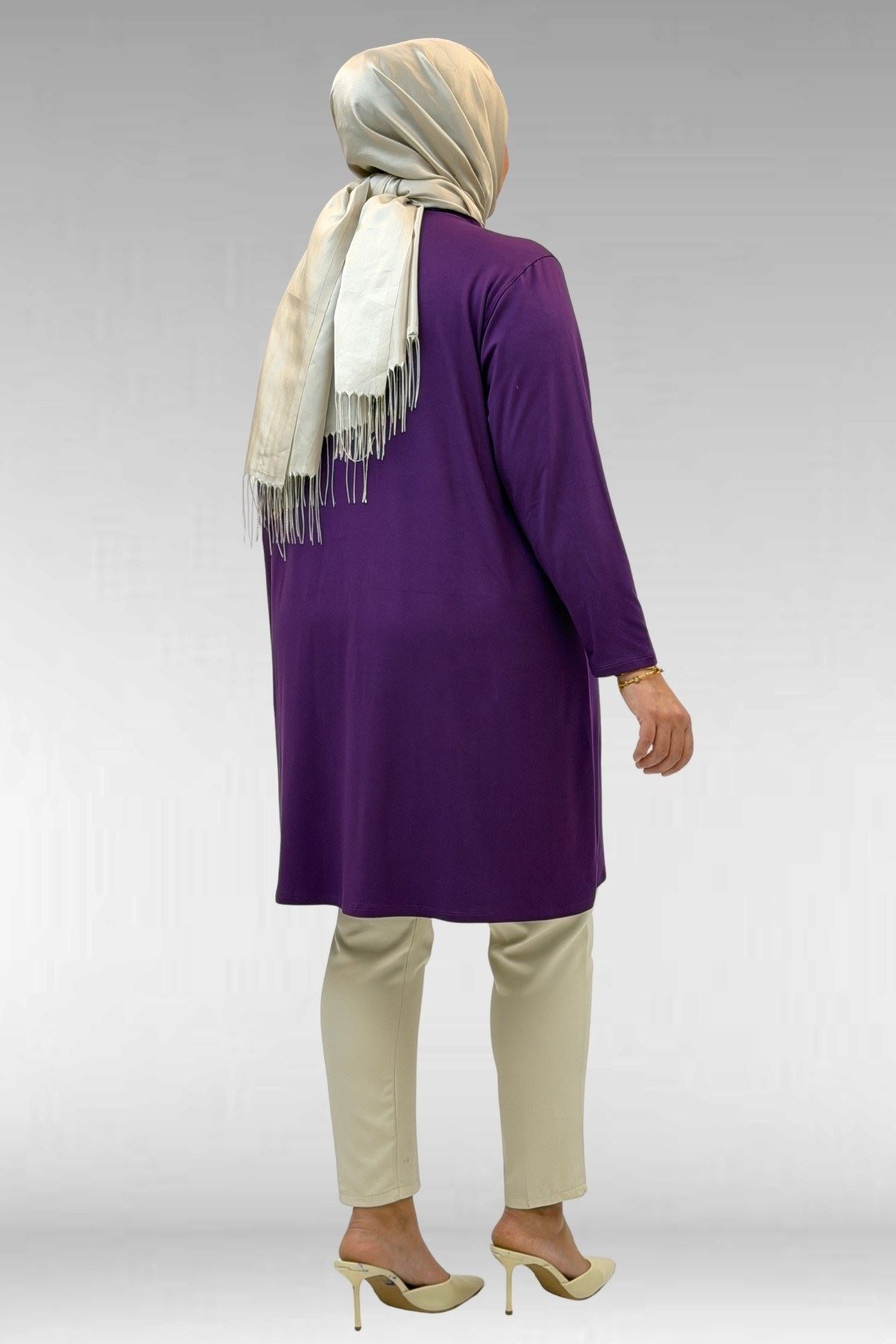 68002 Büyük Beden Önü Güneş Parıltılı Taş Baskılı Penye Tunik - Mürdüm