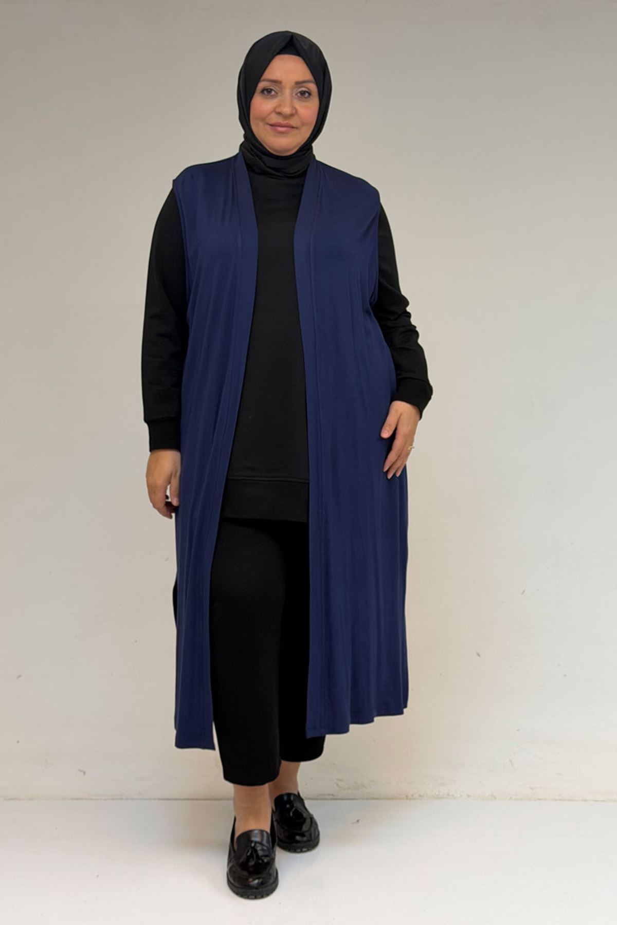 34000 Büyük Beden Penye Giy-Çık Yelek - İndigo