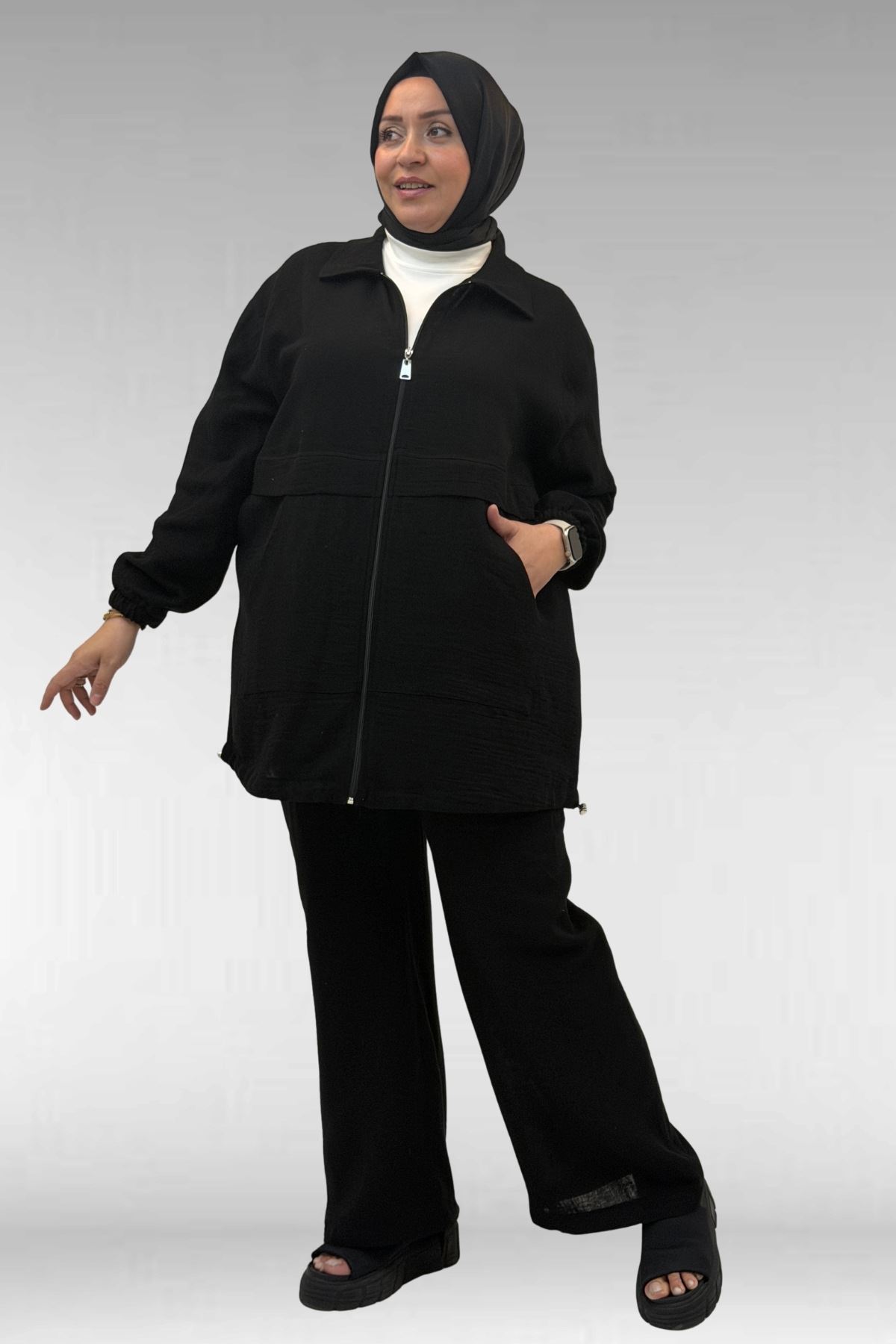 67016 Büyük Beden Kol Ve Etek Ucu Lastik Detaylı Müslin Pantolonlu Takım - Siyah