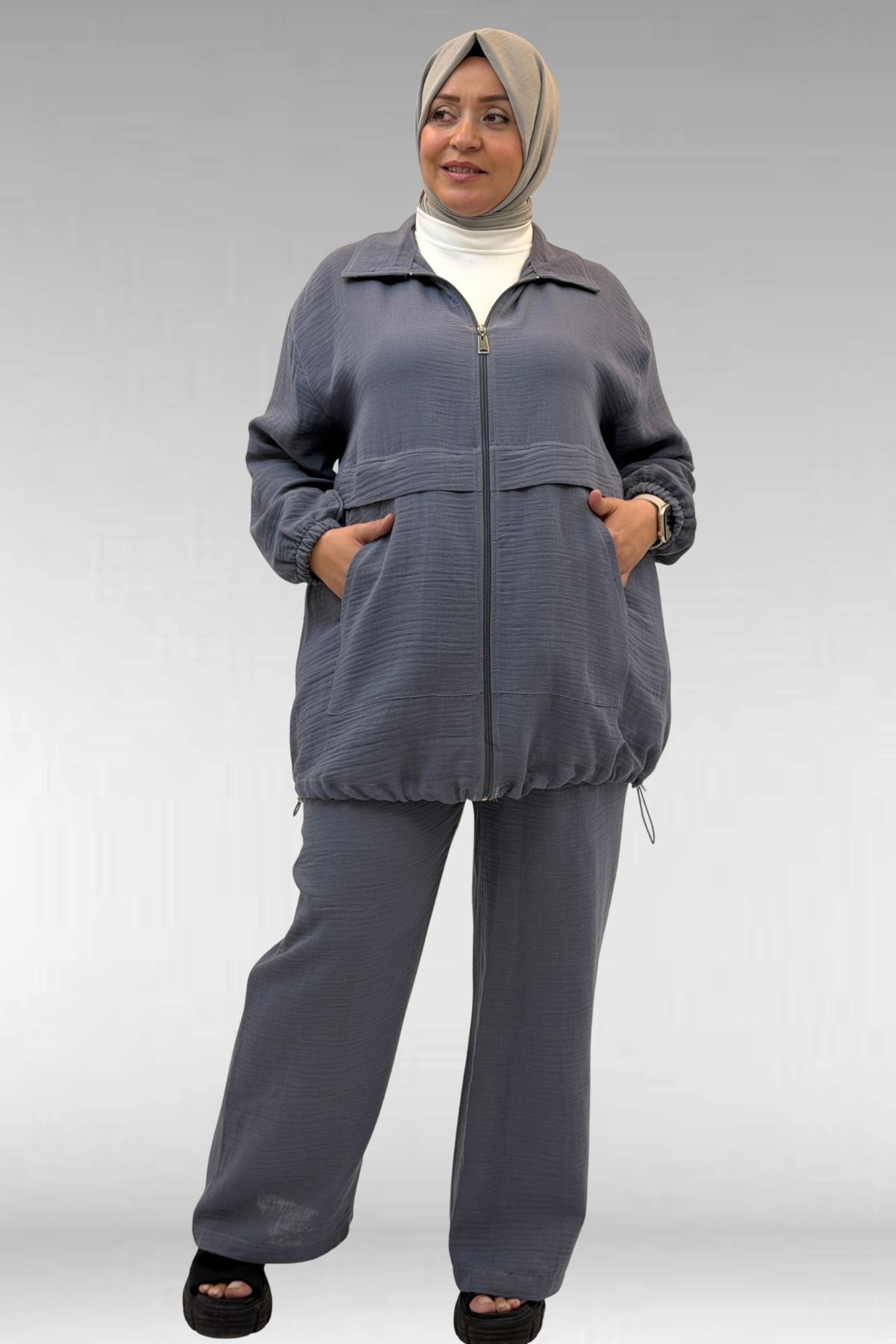 67016 Büyük Beden Kol Ve Etek Ucu Lastik Detaylı Müslin Pantolonlu Takım - Antrasit
