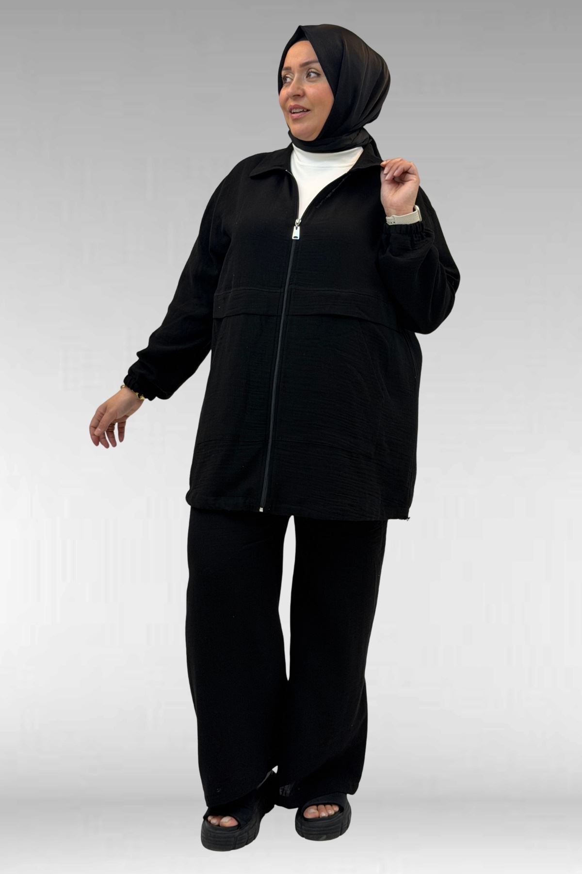 67016 Büyük Beden Kol Ve Etek Ucu Lastik Detaylı Müslin Pantolonlu Takım - Siyah