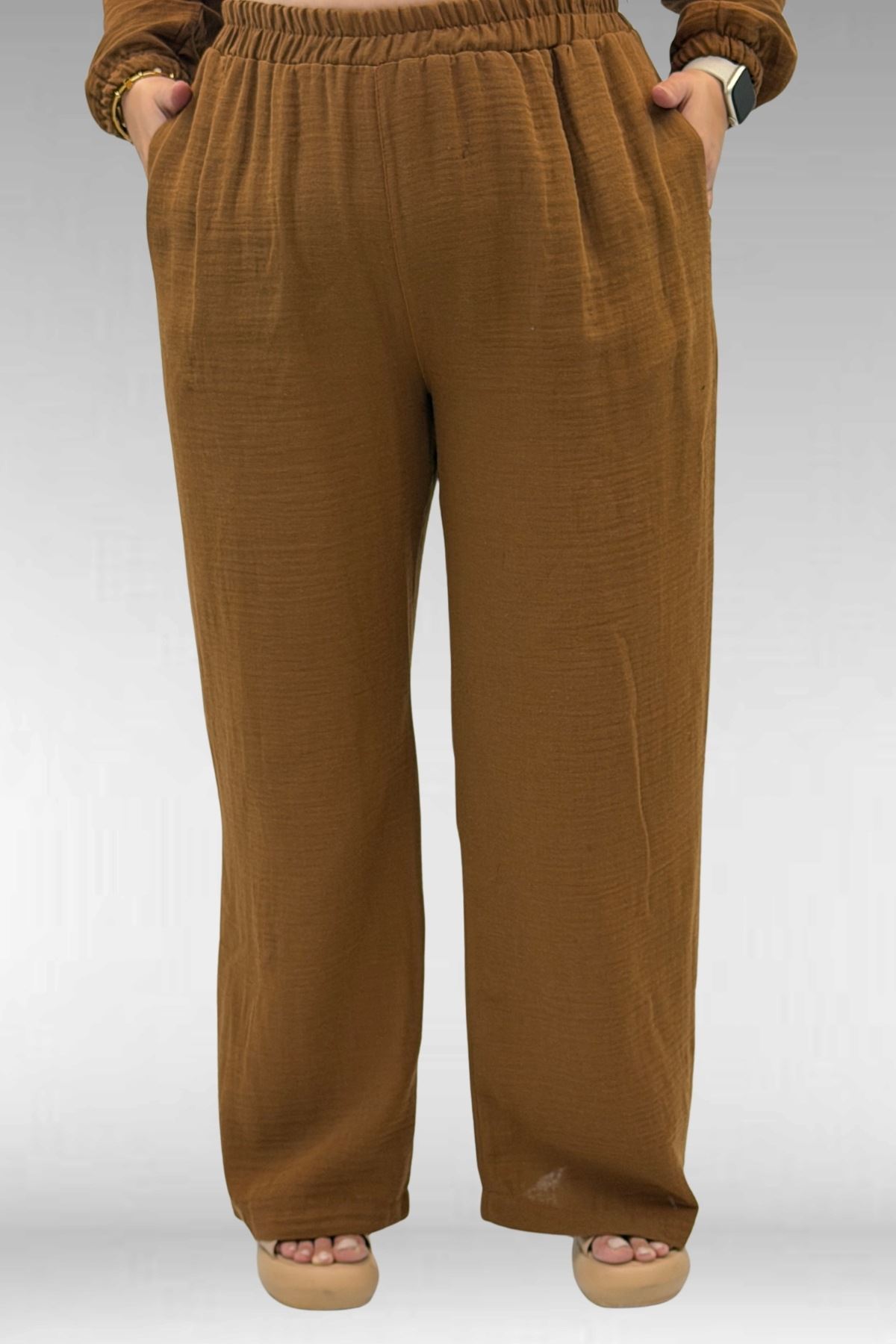 67016 Büyük Beden Kol Ve Etek Ucu Lastik Detaylı Müslin Pantolonlu Takım - Kahve