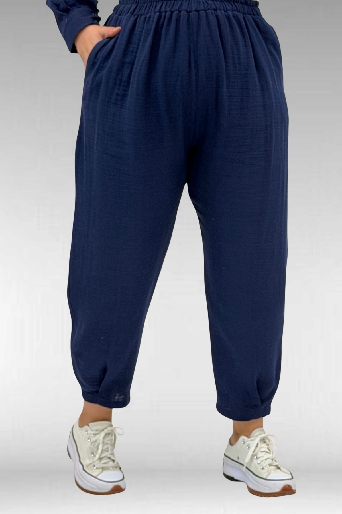 67036 Büyük Beden Cepli Düğmeli Müslin Pantolonlu Takım - Lacivert