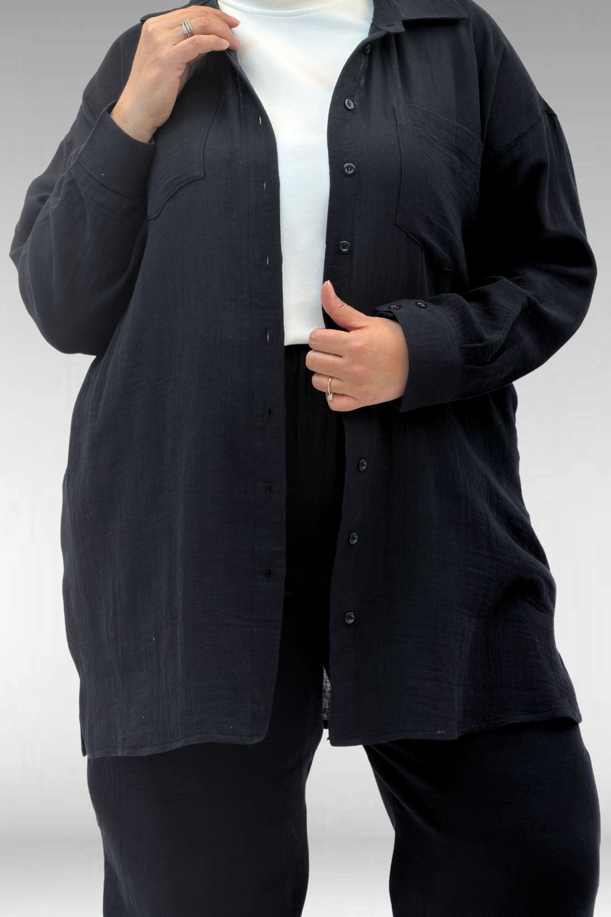 67036 Büyük Beden Cepli Düğmeli Müslin Pantolonlu Takım - Siyah