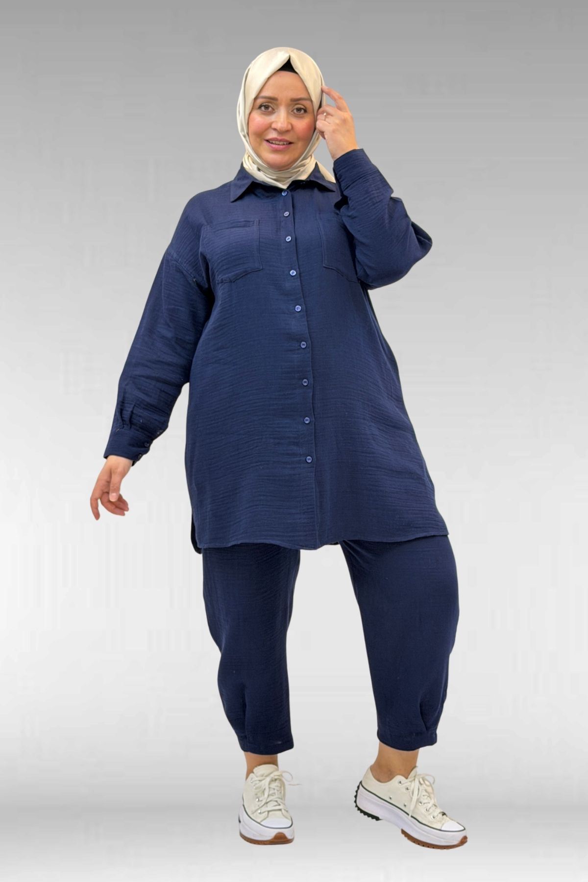 67036 Büyük Beden Cepli Düğmeli Müslin Pantolonlu Takım - Lacivert