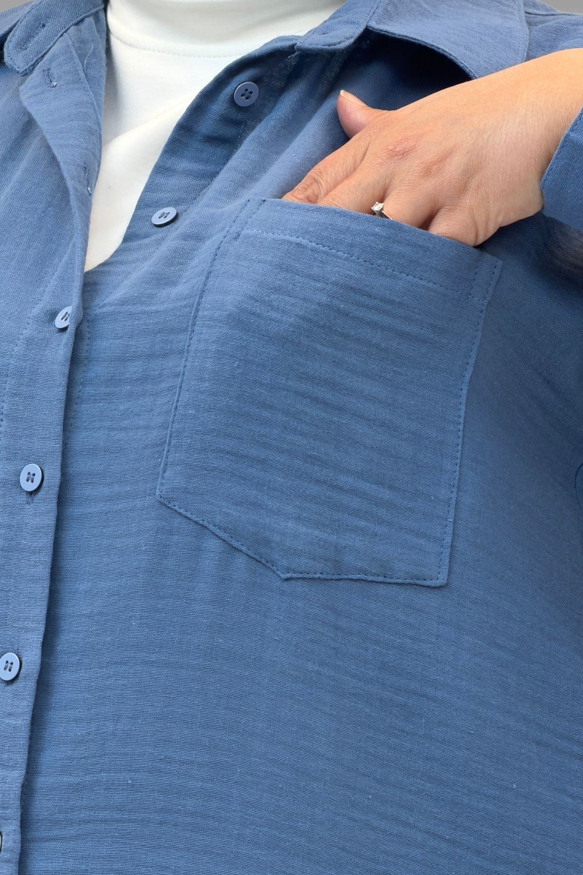 67036 Büyük Beden Cepli Düğmeli Müslin Pantolonlu Takım - Soğuk Mavi