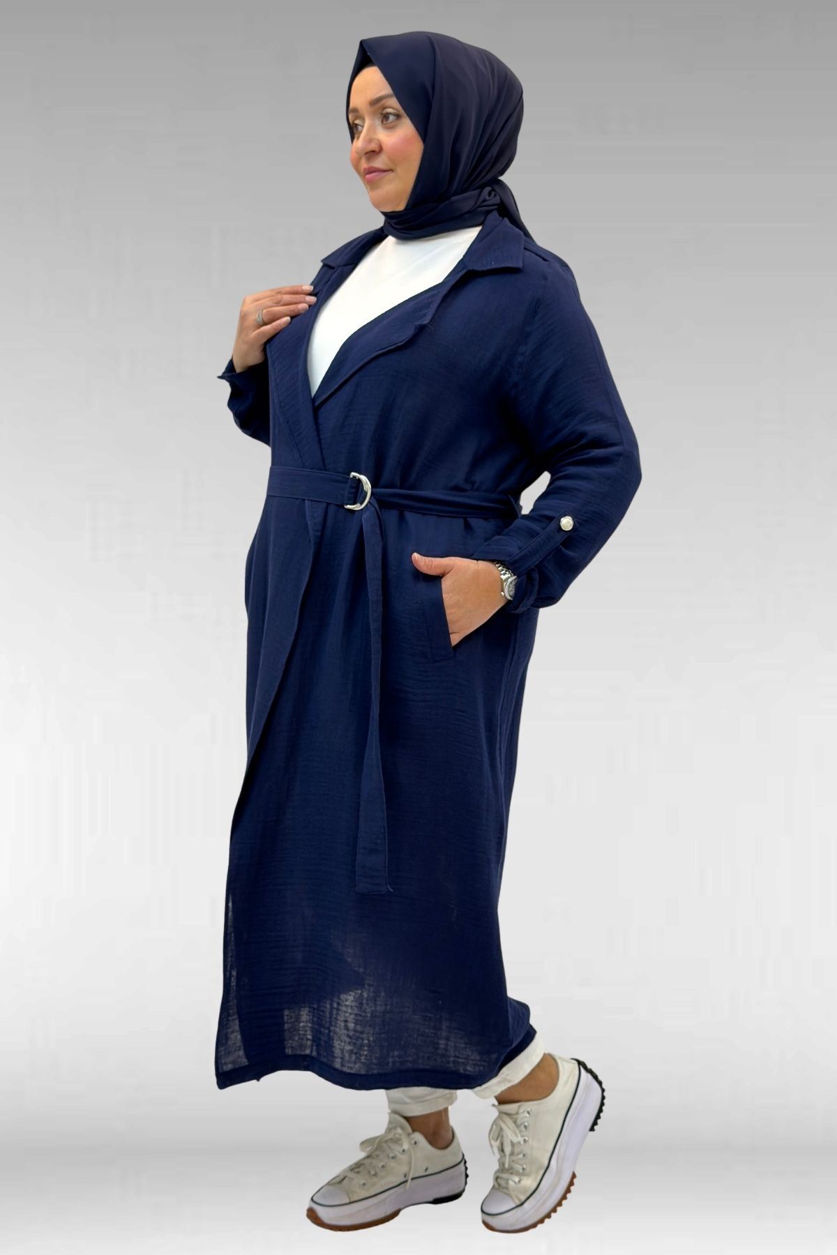 63006  Büyük Beden D Halka Detaylı Müslin Trençkot - Lacivert